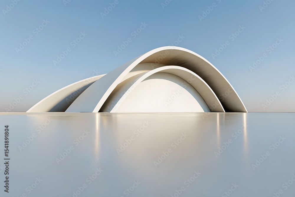 Poster symmetrical futuristic white arched structure – minimal modern architecture front view