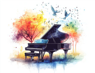 Watercolor and black-and-white line art illustration of an open blue grand piano with a nature background green grass on the ground.