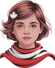 Young girl face with soft expression and Canadian red scarf celebrating national pride  