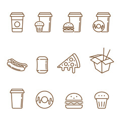 Set of simple fast food linear icons isolated on transparent background. Coffee cups, burger, pizza, hot-dog, donut and etc. line icons. Coffee to go, street food line icons. Editable stroke.