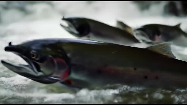 Salmon leaping upstream in a river powerful fish movement against current wildlife photography