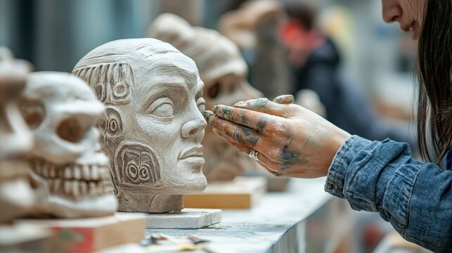 Artist Sculpting Clay Facial Features in Creative Workshop Setting