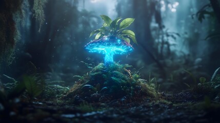 Naklejka premium Rare bioluminescent mushroom glows in a dark forest under the moonlight at night