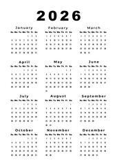 Calendar 2026, Week Starts Sunday, One Page A4. Design Planner Template. Print. 