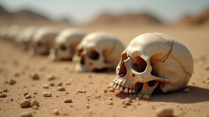 Obraz premium Close Up Of Several Skulls Laying On The Ground At Daytime In A Desert Environment