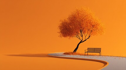 Autumnal scene with a lone tree and park bench