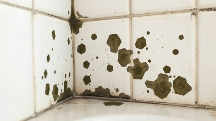 Close up of bathroom corner showing dirty grout and mold growth on old square tiles