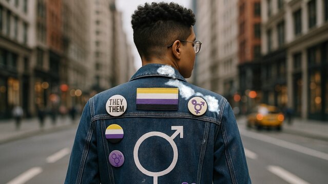 Young non-binary person wearing a denim jacket customized with non-binary flag, pronouns badge and transgender symbol, walking down a city street