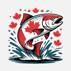 Jumping salmon wrapped with maple leaf design and red stars symbolizing Canadian strength and celebration  