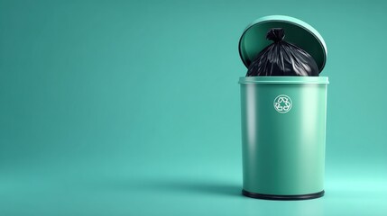 Open teal trash can with black bag