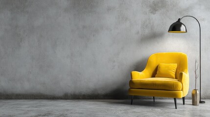 Modern, minimalist interior featuring a vibrant yellow armchair and a floor lamp against a textured gray wall