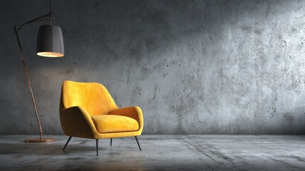 Modern yellow armchair in a minimalist concrete room