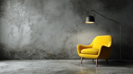 Modern yellow armchair in a concrete room (3)