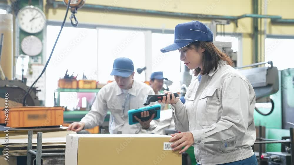 Poster group of workers working in a factory