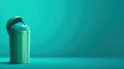 Open green trash can with plastic bag