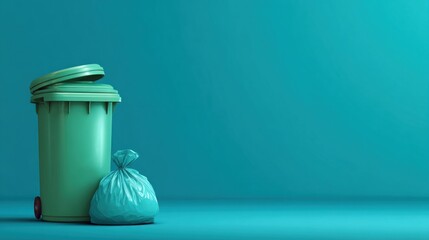 Teal garbage bin and bag on teal background