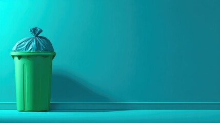 Green trash can with filled plastic bag against teal wall