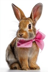 Obraz premium A rabbit wearing a pink ribbon is sitting on a white background. The rabbit has a curious expression on its face