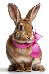 Obraz premium A rabbit wearing a pink ribbon. The rabbit is sitting on a white background. The ribbon is pink and tied around the rabbit's neck