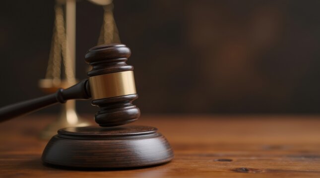 Legal authority gavel in motion. Justice system and court proceedings concept. Wooden judge hammer striking ceremonial block for verdict announcement with copy space