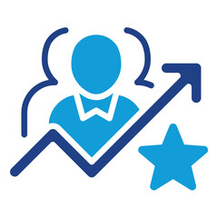 Rising Star Glyph Dual Tone Blue Fill Silhouette Style Icon - A person in front of a group with rising arrow and star, symbolizing leadership and success