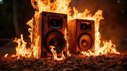 speakers surrounded by fire, burning speaker.