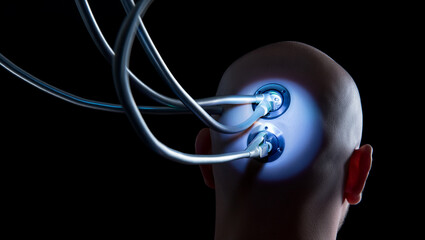 Man connected to technology brain interface neural network