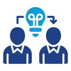 Shared Idea Glyph Dual Tone Blue Fill Silhouette Style Icon - Two people exchanging thoughts with a light bulb above, representing brainstorming or collaboration