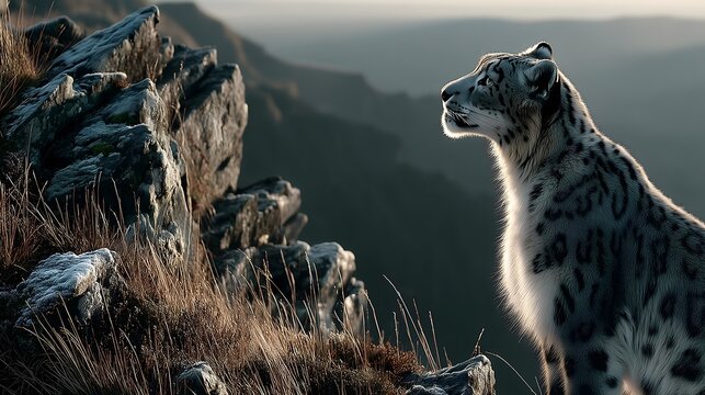 Snow leopard blends seamlessly with rocky terrain in the Himalayan region at dusk