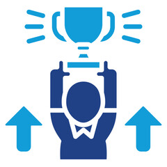 Trophy Lift Glyph Dual Tone Blue Fill Silhouette Style Icon - A person lifting a trophy with upward arrows, symbolizing recognition, success, or achievement