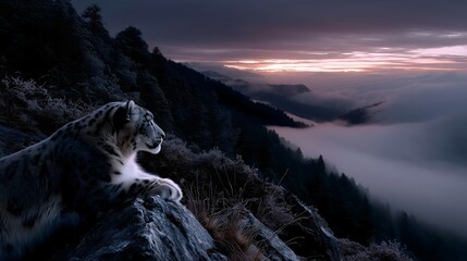 Obraz premium Snow leopard blends into rocky Himalayan landscape at dawn, observing the misty valley below as the sun begins to rise
