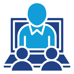 Virtual Class Glyph Dual Tone Blue Fill Silhouette Style Icon - Person on laptop with two viewers, indicating online session, webinar, or digital training