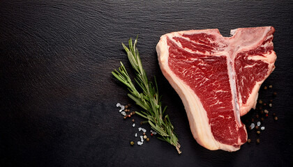 raw porterhouse or t bone beef steak displayed on black surface
