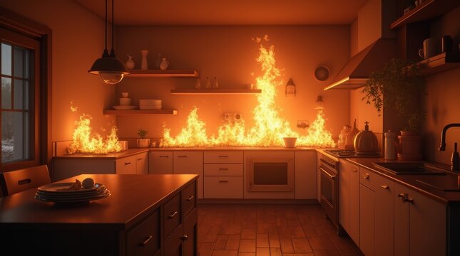 The scene of the kitchen burning down by accident, animated virtual repeating seamless 4k