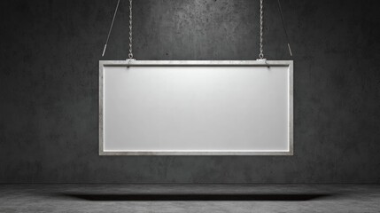 Blank billboard hanging from chains on dark concrete wall