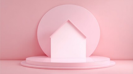 Pastel pink podium with a house, minimalist scene