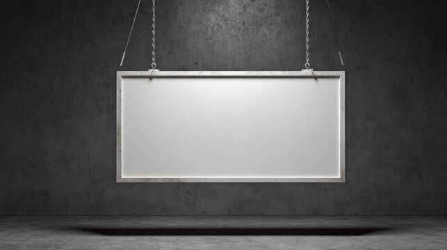 Blank billboard hanging from chains on dark concrete wall