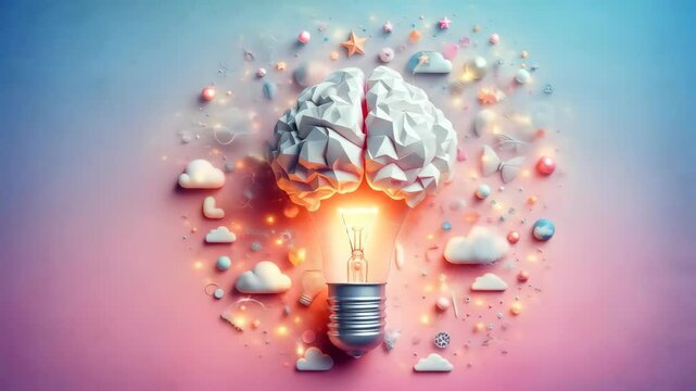 Concept of brain with light bulb and clouds on colorful background  