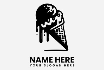 A black and white graphic of a melting ice cream cone with two scoops.