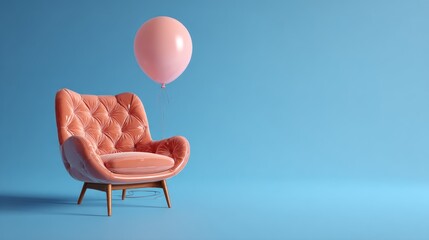 Coral armchair with pink balloon on a light blue background