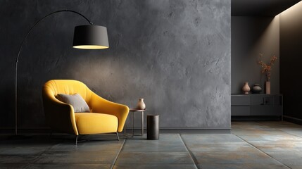 Modern, minimalist living room with a striking yellow armchair