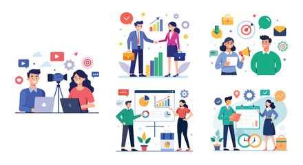 Illustration of business marketing ideas. Teamwork and idea sharing concept. Flat style design