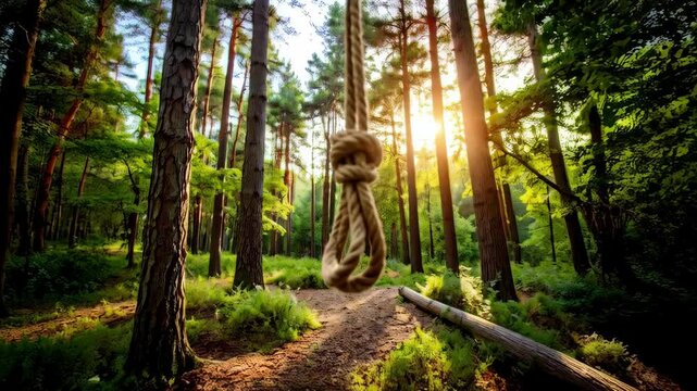 View of a noose hanging in a forest setting with sunlight filtering through trees, rope, knot, and path details.