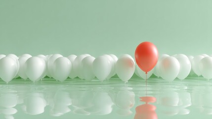 A single, striking red balloon amidst a sea of white balloons