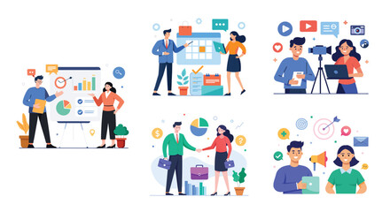 Illustration of business marketing ideas. Teamwork and idea sharing concept. Flat style design