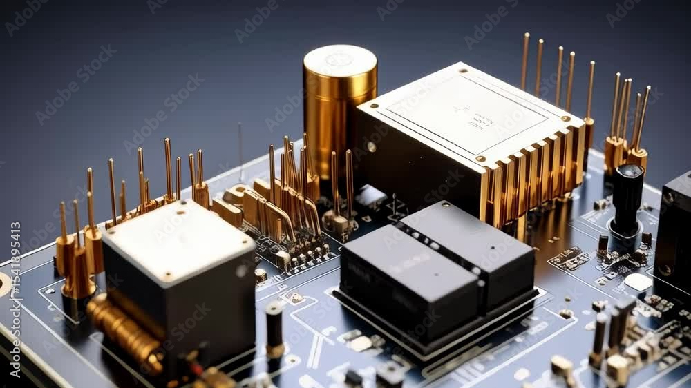 Poster modern circuit board featuring various electrical components and intricate traces, illuminated with 