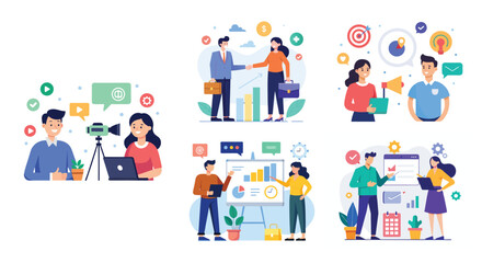 Illustration of business marketing ideas. Teamwork and idea sharing concept. Flat style design