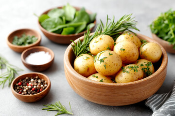 Baby potatoes garnished with fresh herbs in a wooden bowl, accompanied by bowls of salt, pepper, and fresh greens on a gray surface.