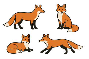 Four cartoon foxes in various poses and expressions on a transparent background 