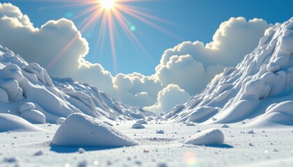create a 3d cgi image featuring a stereoscopic view of the 3d rendering, the subject should be placed at the bottom of the image under a sunlit sparkle effect